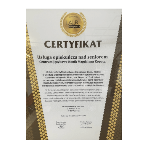 Zertifikat Konik24 - legal und anerkannt - Altenpflege aus Polen